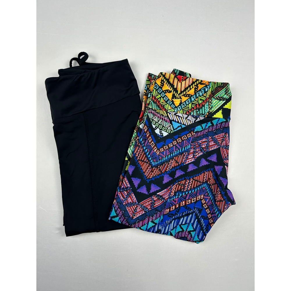 Onzie Flow Yoga Leggings Bundle Black Lattice Strappy Tribal Print‎ Crop M/L